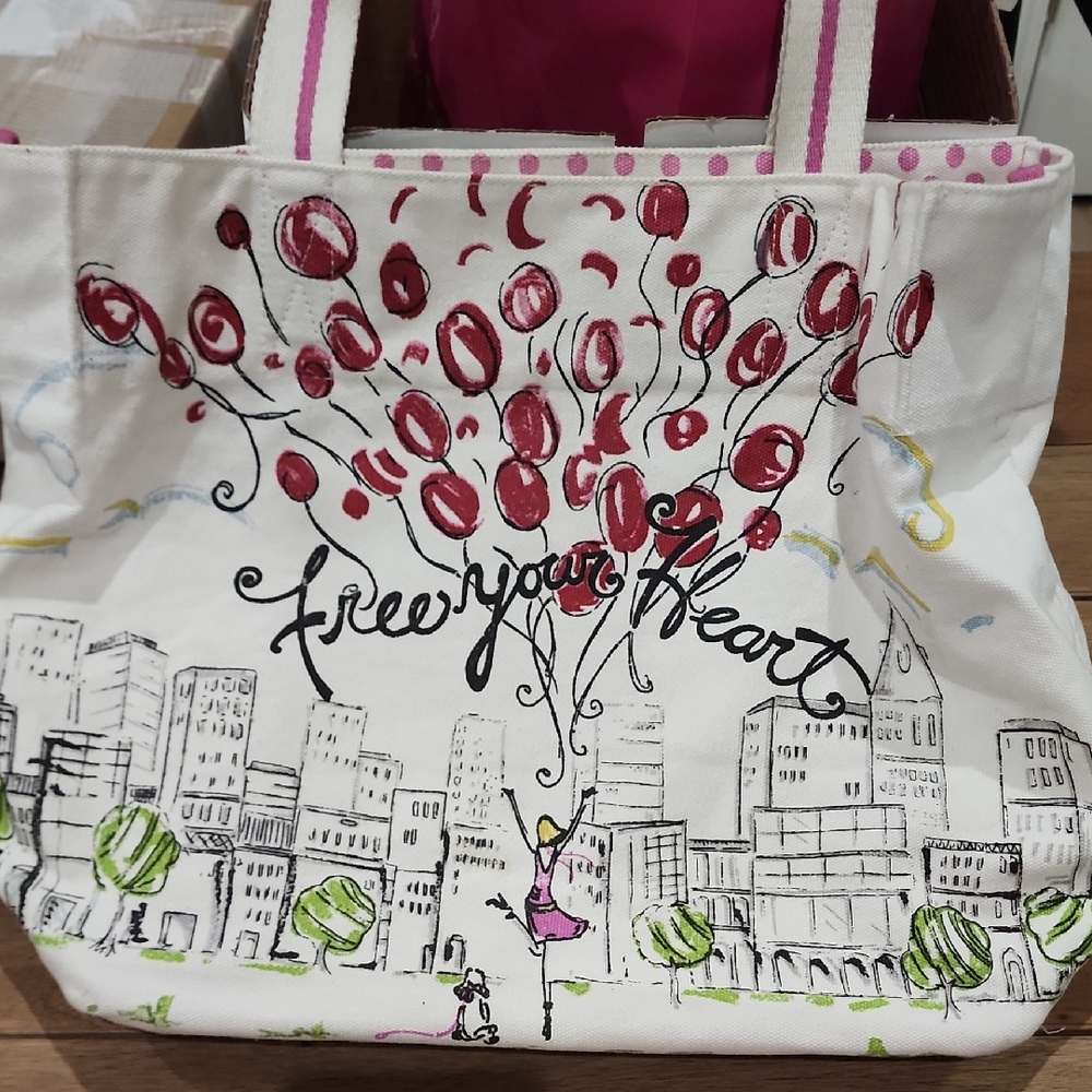 Brighton White Canvas Tote with Red Balloon Illustration